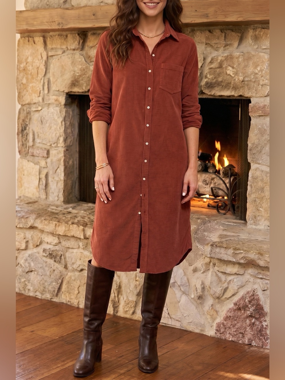 Long Sleeve Button Down Corduroy Midi Dress